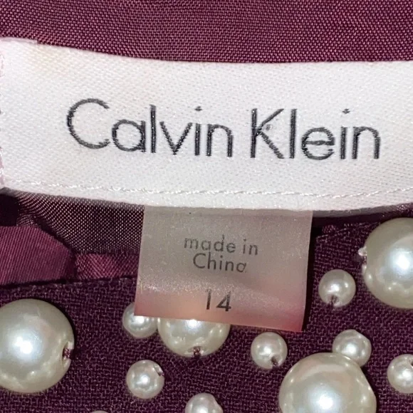 Calvin Klein Deep Purple Dress Embellished FAUX PEARL Neckline WOMENS SIZE 14 - Picture 2 of 13